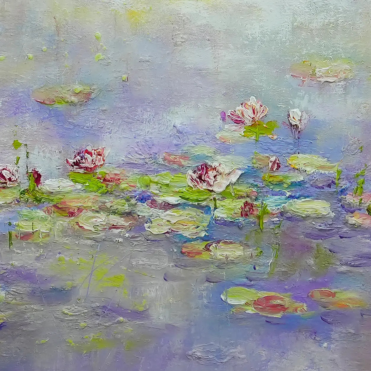 Purple Lotus Pond Handmade Painting For Home Wall Decor