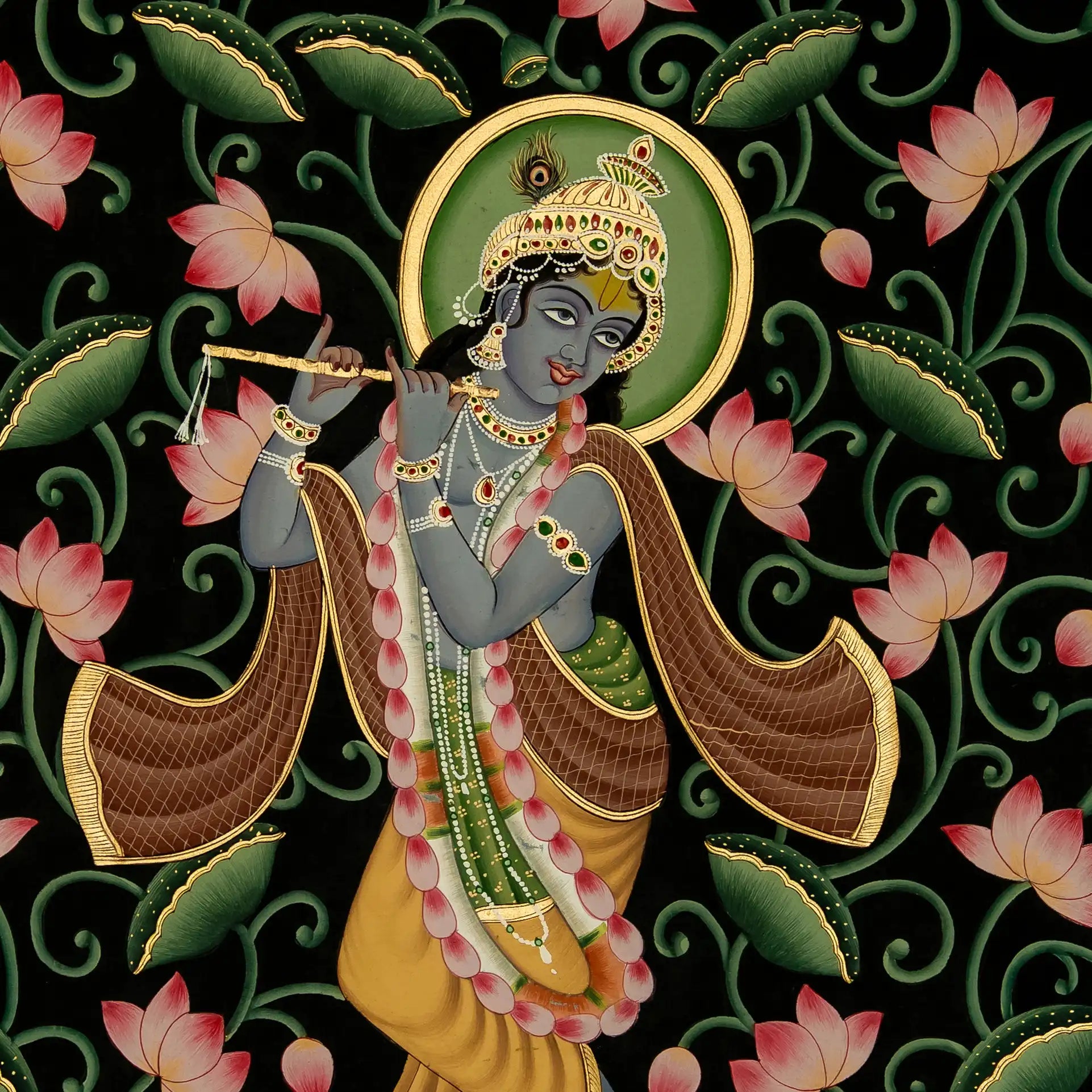 Exclusive Real Gold leaf krishna with kamal talai Handmade Pichwai Painting