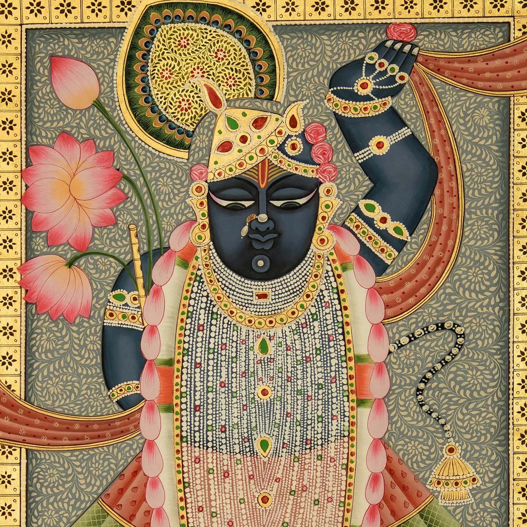 Real Gold Leaf Shrinathji Rajbhog Swaroop Handmade Pichwai Painting