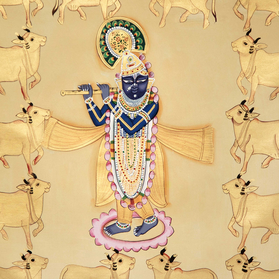 Shrinath Ji (Shri Krishna) with Cows Gold Pichwai Painting 3