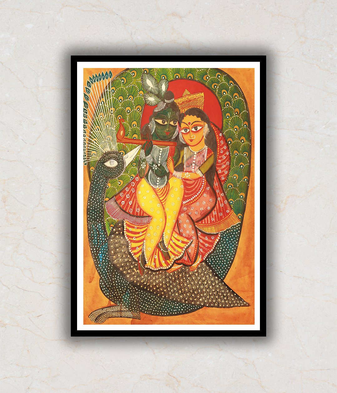 Radha & Krishna on Peacock Kalighat Art Painting For Home Wall Art Decor