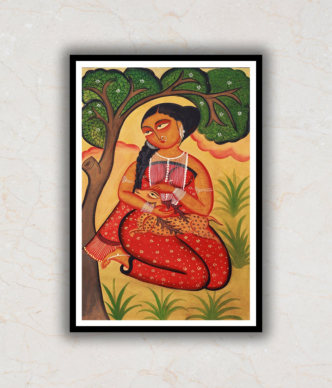 Woman Fostering a Fawn Kalighat Art Painting For Home Wall Art Decor 1