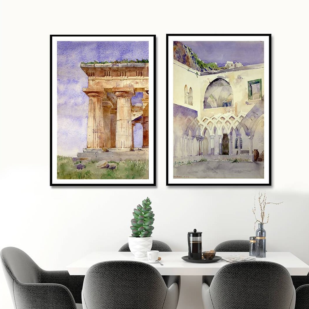 Temple of Neptune, Paestum and Capucine Monastery, Amalfi By Cass Gilbert Courtyard Landscape Painting