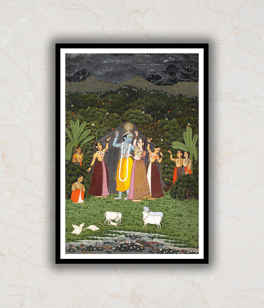 Krishna and the Gopis Take Shelter from the Rain Pichwai Art Painting For Home Wall Art Decor