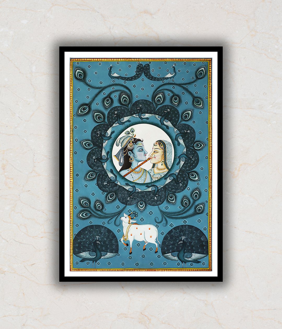 Contemporary Style Radha Krishna Cow and Peacocks Pichwai Art Painting For Home Wall Art Decor