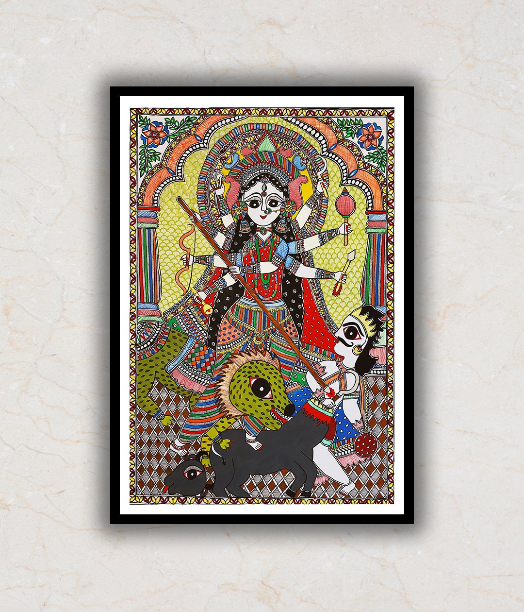 Goddess Durga Madhubani Art Painting For Home Wall Art Decor