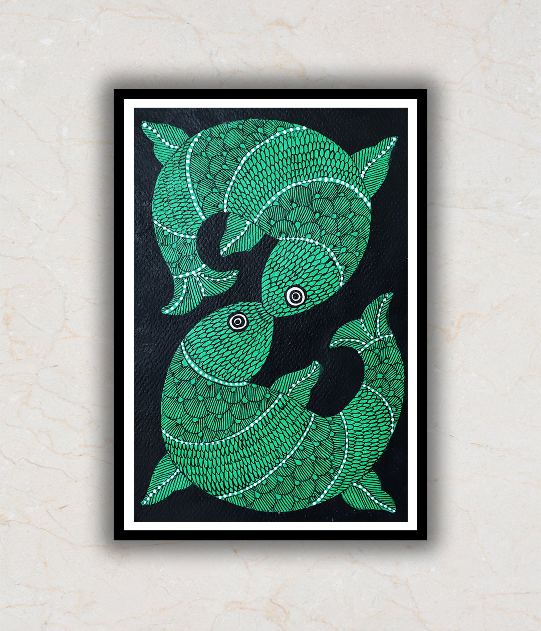 Green Fishes Gond Art Painting For Home Wall Art Decor