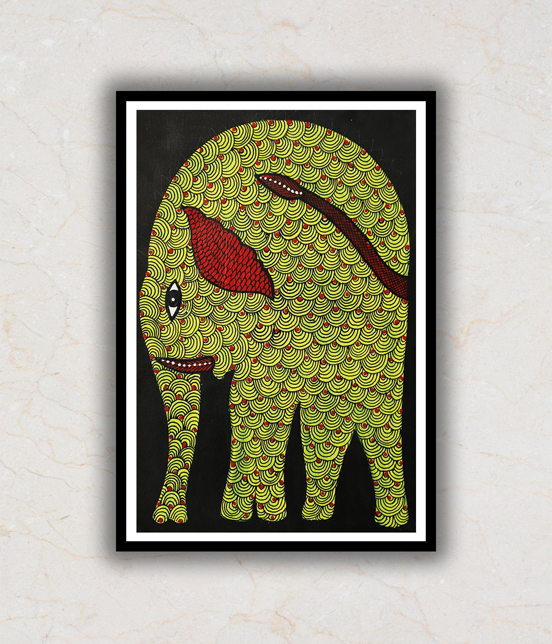Yellow Elephant Gond Art Painting For Home Wall Art Decor