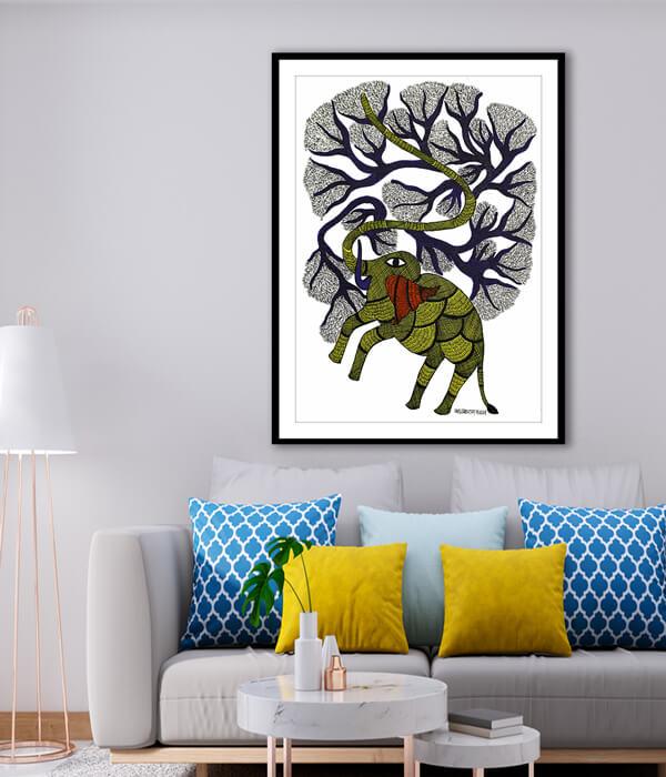 Elephant and Tree Gond Art Painting For Home Wall Art Decor 2