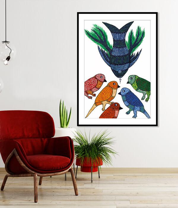 Fishes and peacocks Gond Art Painting For Home Wall Art Decor