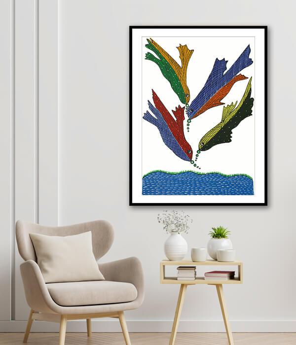 Fishes in Pond Gond Art Painting For Home Wall Art Decors