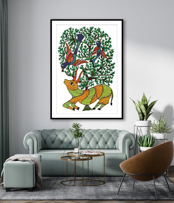 Deer and Tree Gond Art Painting For Home Wall Art Decor