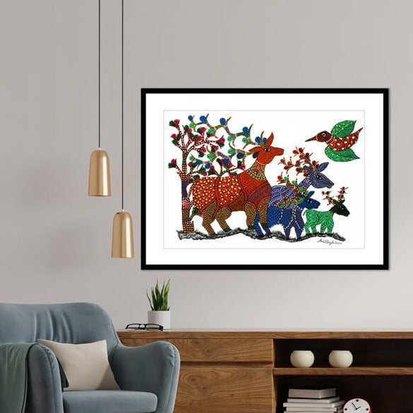 Deers and Bird Gond Art Painting For Home Wall Art Decor