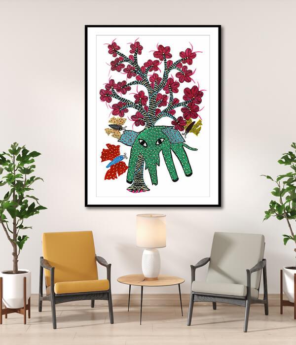 Elephant and Tree Gond Art Painting For Home Wall Art Decor 3