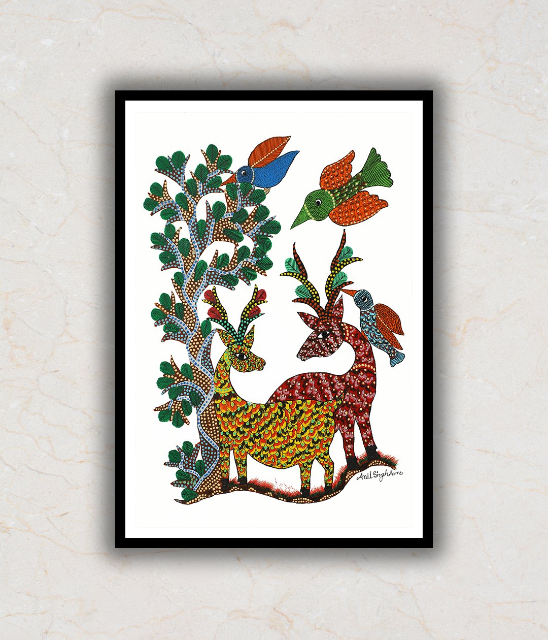 Two Deers and Tree Gond Art Painting For Home Wall Art Decor