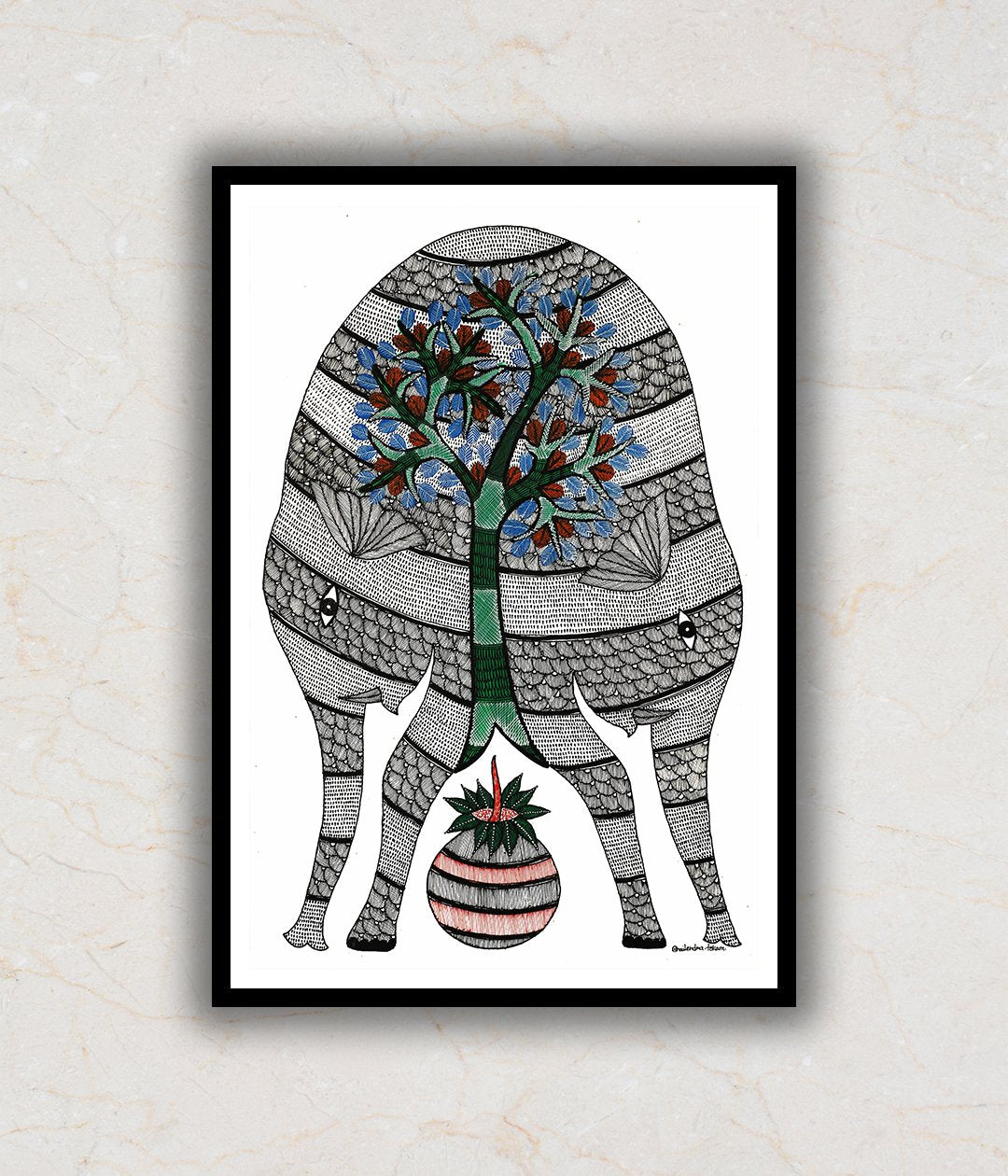 Two elephants and Tree Gond Art Painting For Home Wall Art Decor