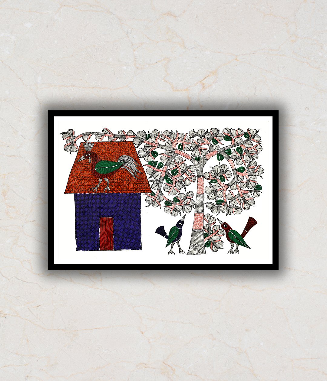 Village Hut and tree Gond Art Painting For Home Wall Art Decor