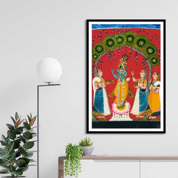 Krishna Ji Serenading Gopis Antique Pichwai Art Painting For Home Wall Art Decor