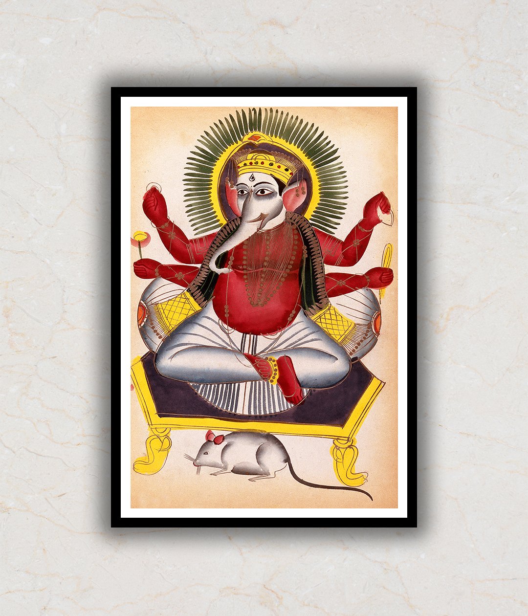 Ganesha enthroned holding his symbols with his rat - Ganesh/Ganpati Artwork Art Painting For Home Wall Art Decor