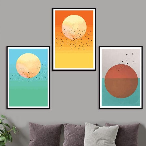Sunrise and Sunset Set Of 3 Madhubani Abstract Art Paintings For Home Wall Decor