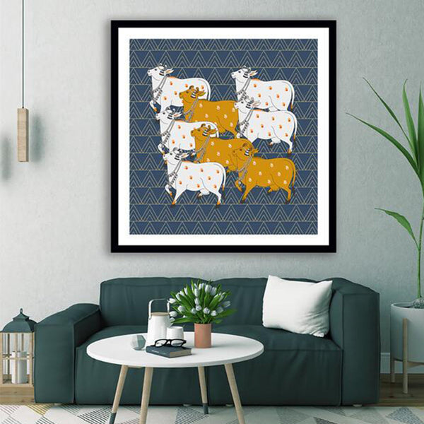 Contemporary Style Blue Nandi's Pichwai Art Painting For Home Wall Art Decor