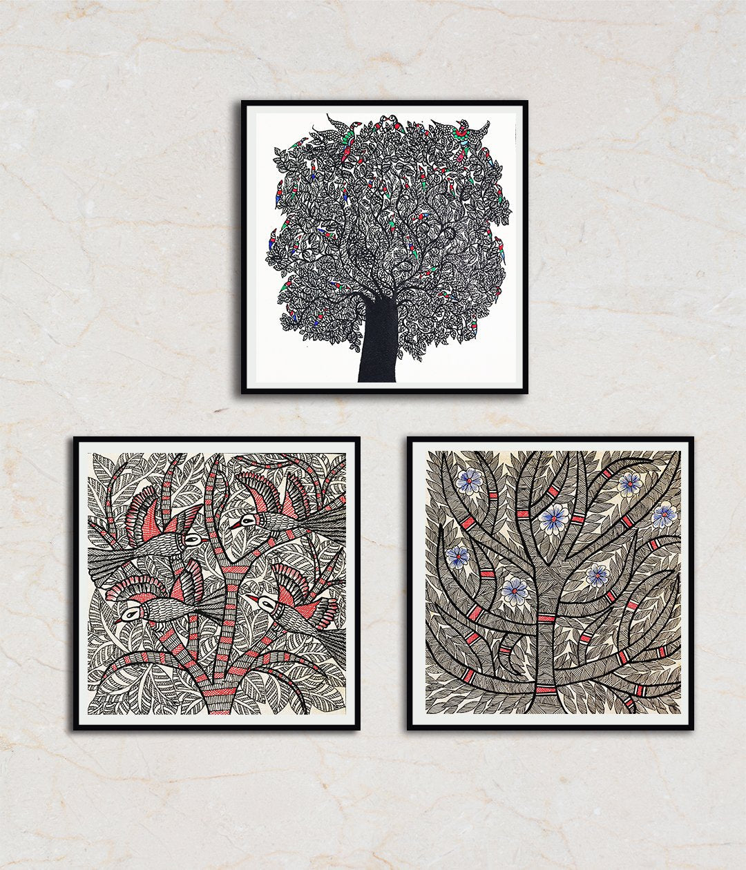 Song of Birds Set Of 3 Madhubani Art Paintings For Home Wall Decor