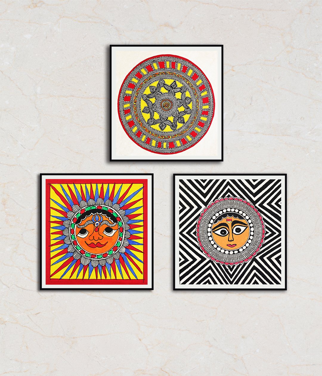 Sun's Abode Set Of 3 Madhubani Art Paintings For Home Wall Decor