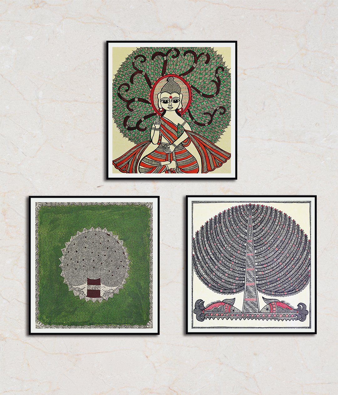 The Bearer of Life Set Of 3 Madhubani Art Paintings For Home Wall DŽcor