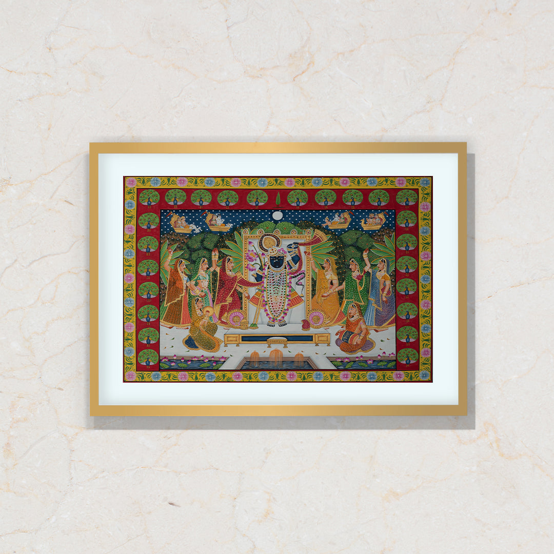 Sharad Purnima Morkuti Theme Pichwai Artwork Painting For Home Wall Dacor