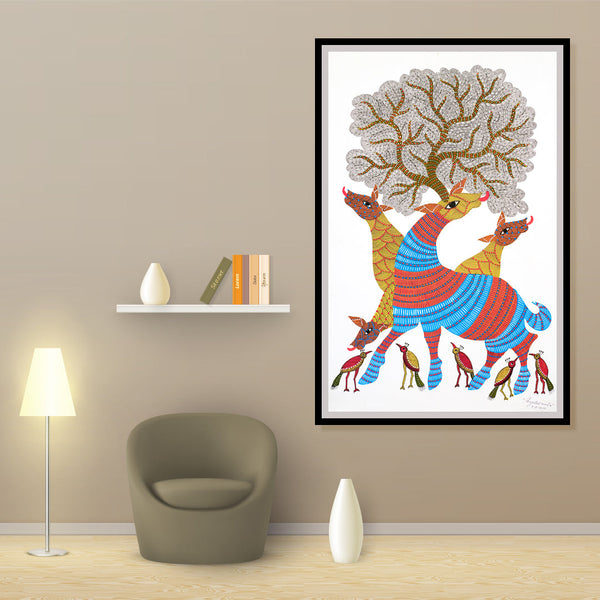 Camouflage Deer Gond Artwork Painting For Home Wall Decor
