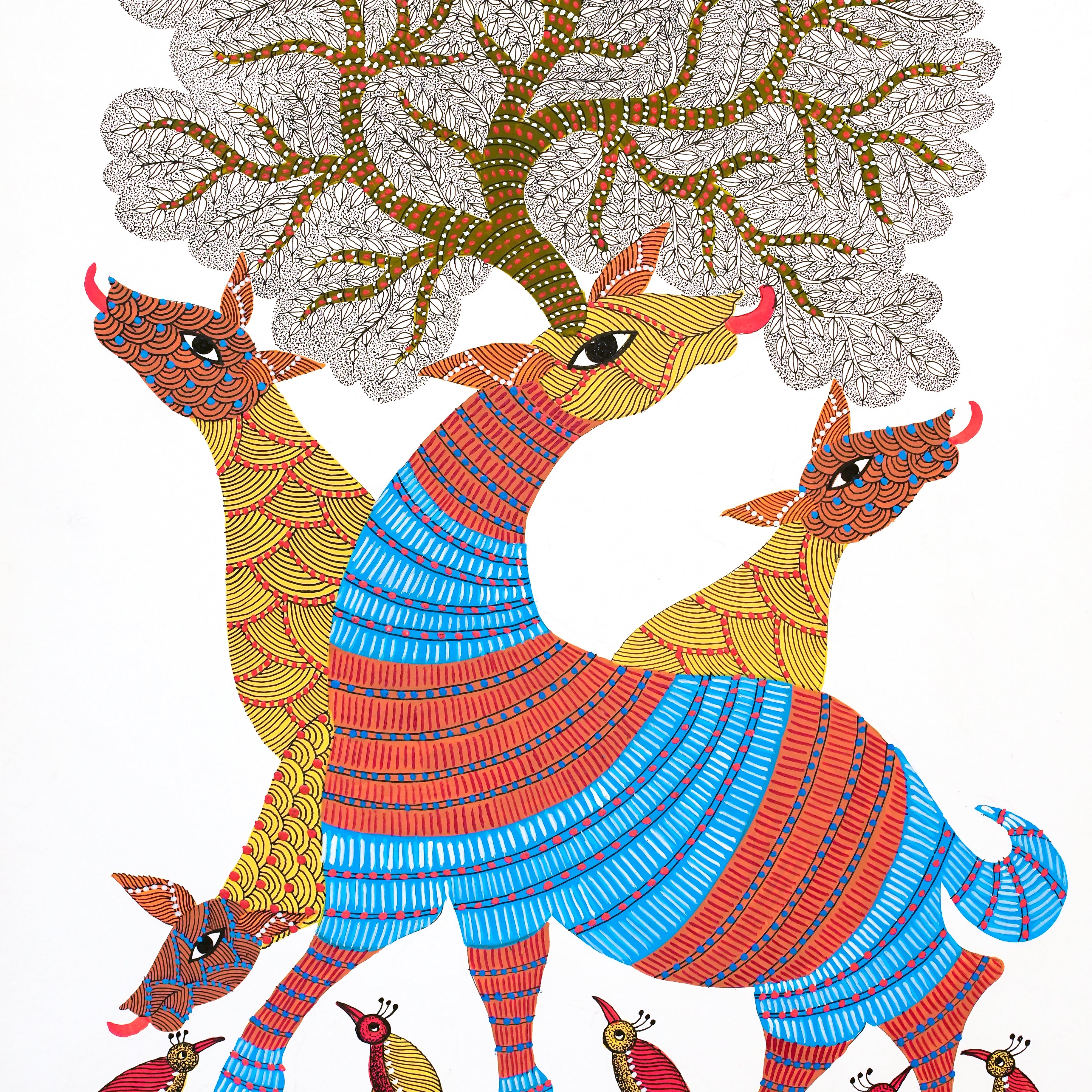 Camouflage Deer Gond Artwork Painting For Home Wall Decor