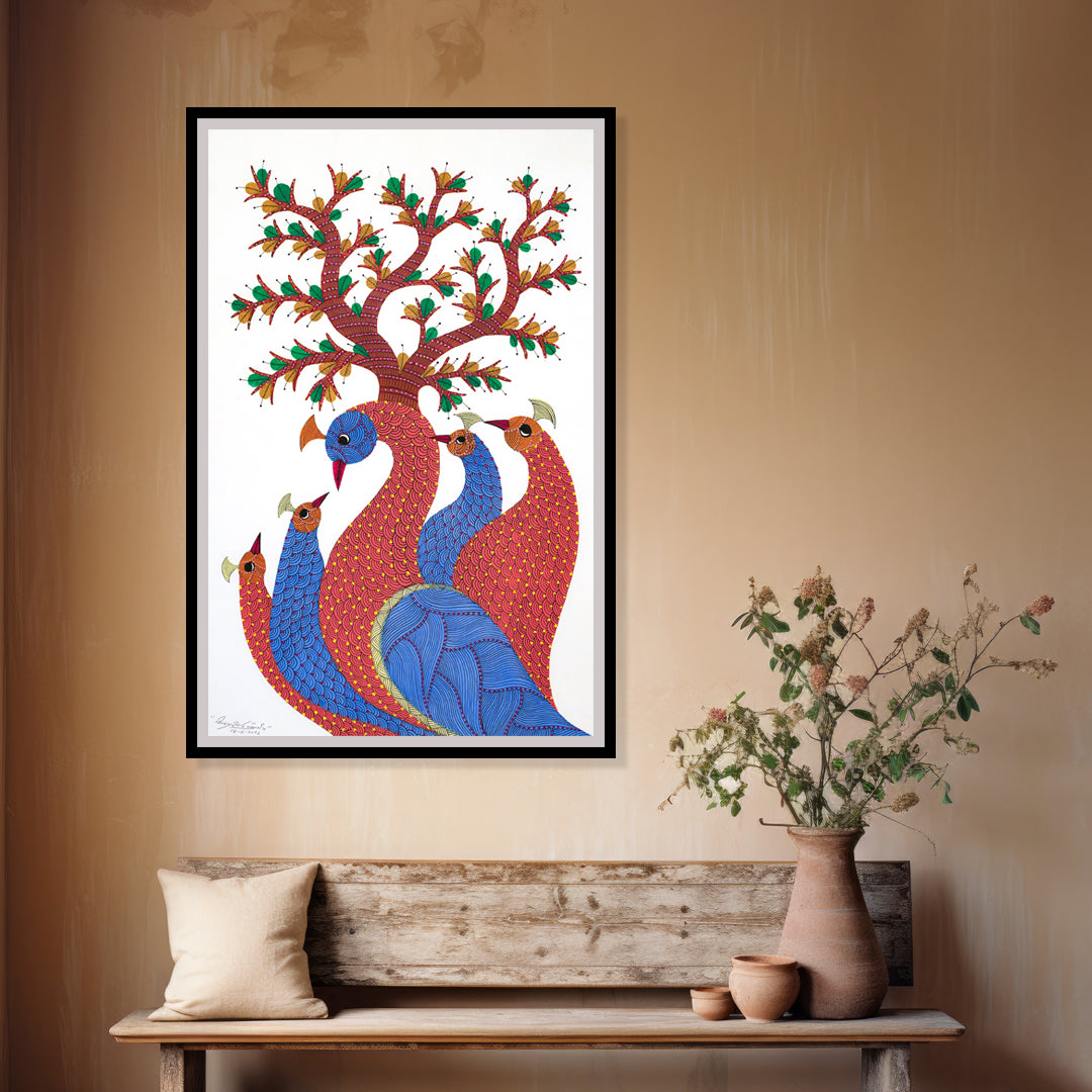 Feathers of Love Gond Artwork Painting For Home Wall Decor