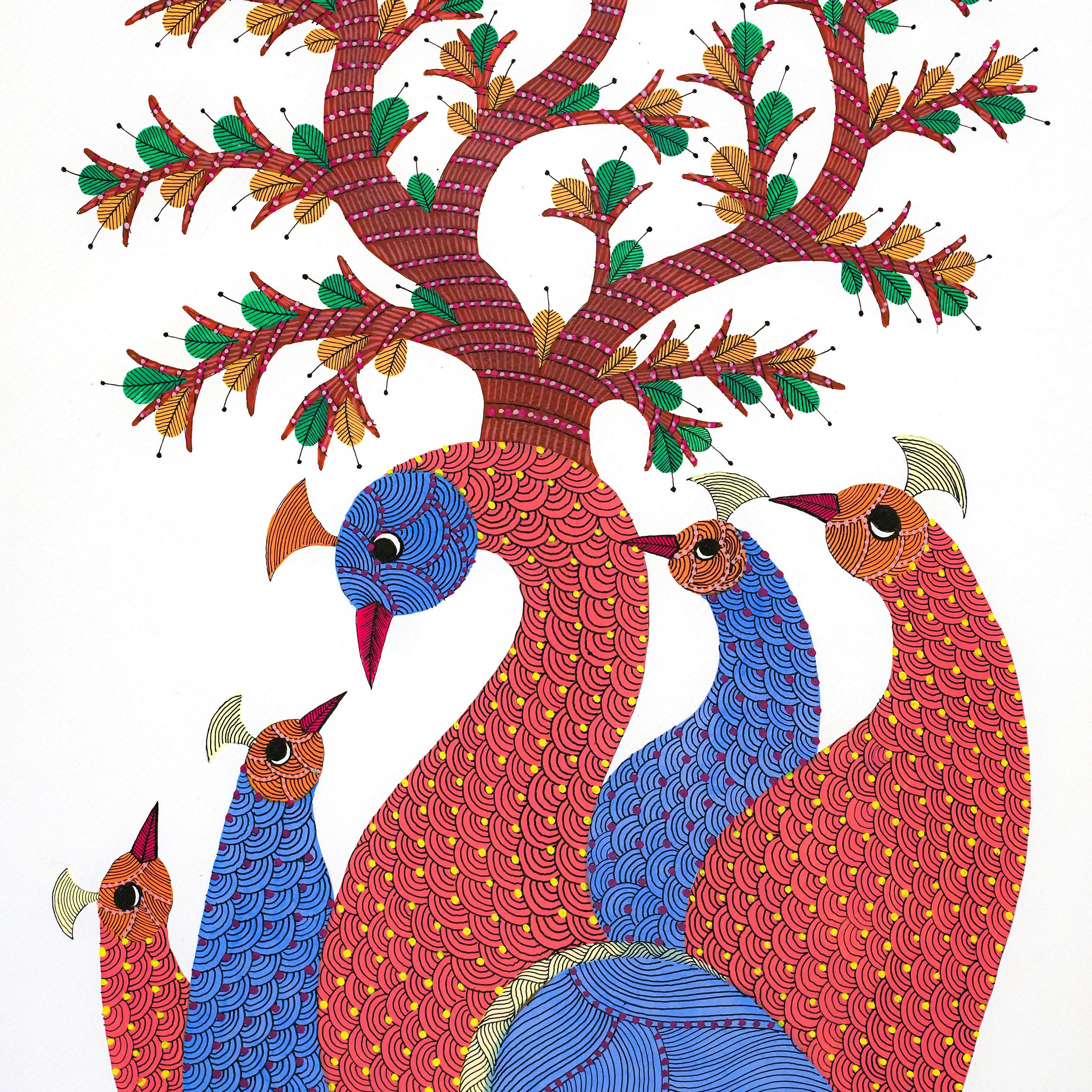 Feathers of Love Gond Artwork Painting For Home Wall Decor