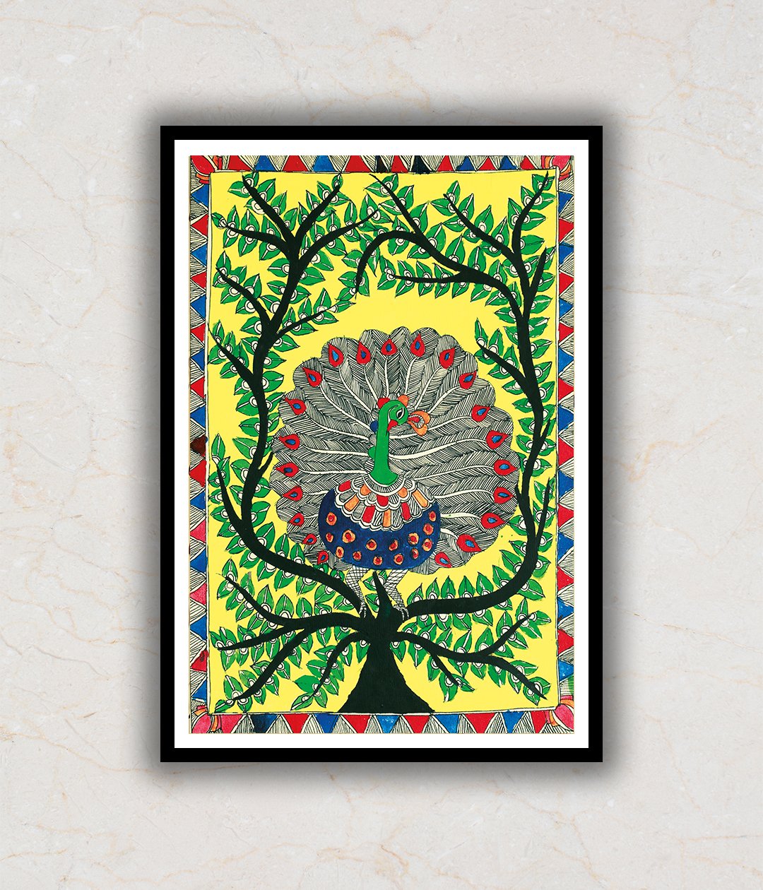 Peacock Spreading Wings Madhubani Art Painting For Home Wall Art Decor