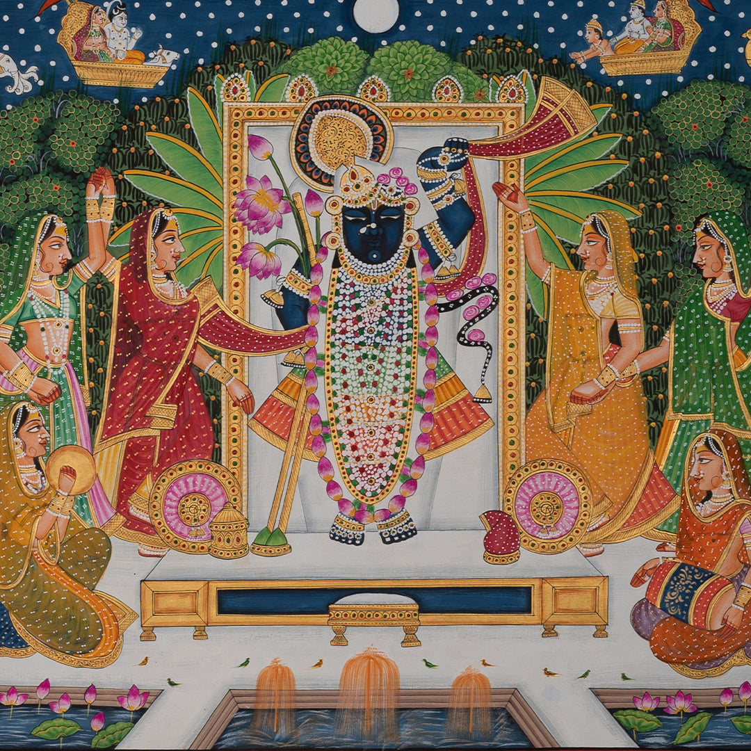 Sharad Purnima Morkuti Theme Pichwai Artwork Painting For Home Wall Dacor