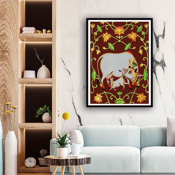 Kamdhenu Cow with Calf Pichwai Art Painting