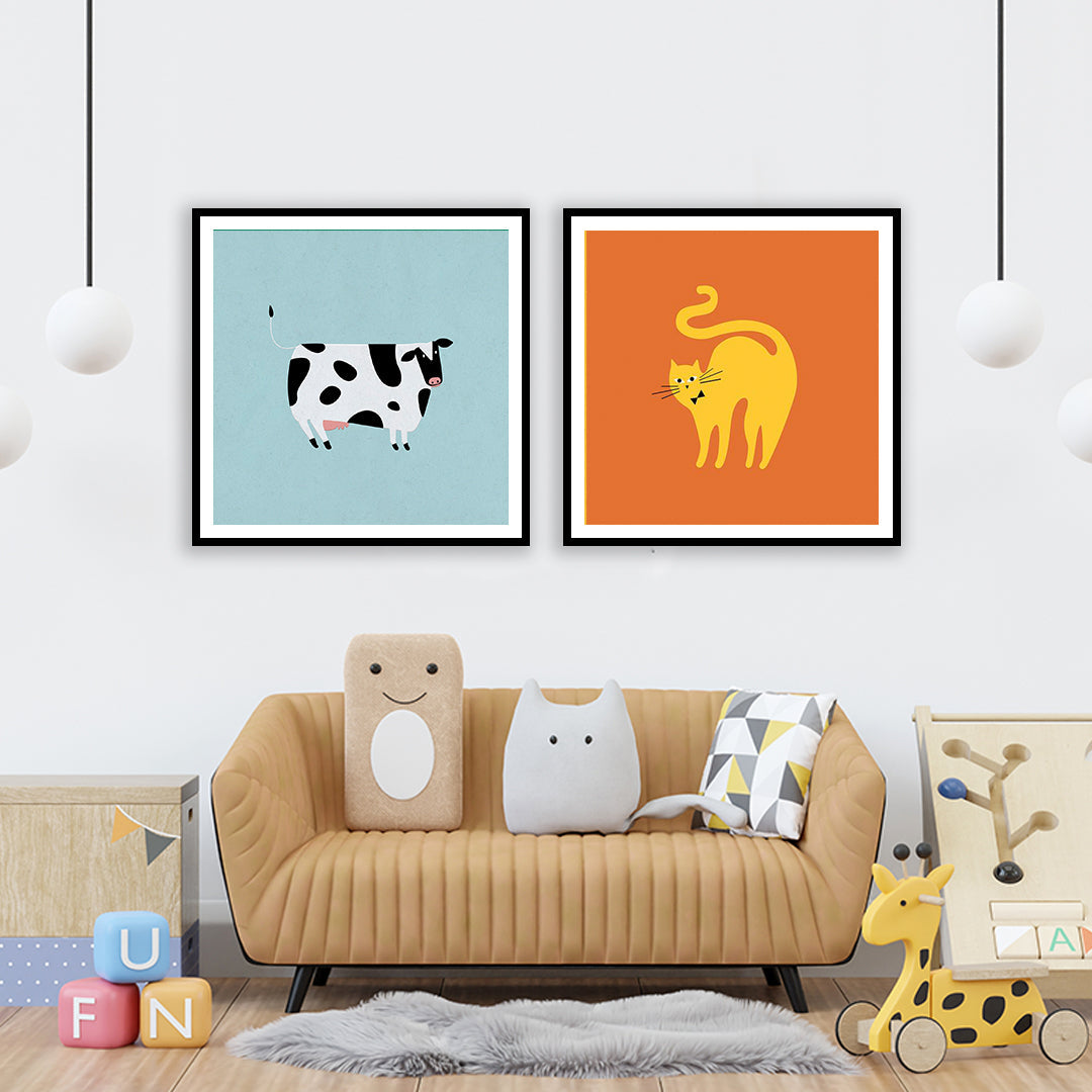 Set of 2 Moo & Meow illustration Art painting For Home wall Decor