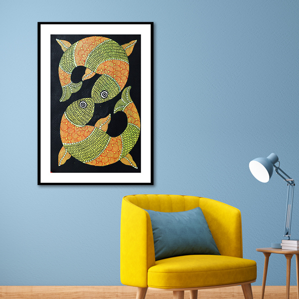 Yellow and Orange Fishes Gond Art Painting For Home Wall Art Decor