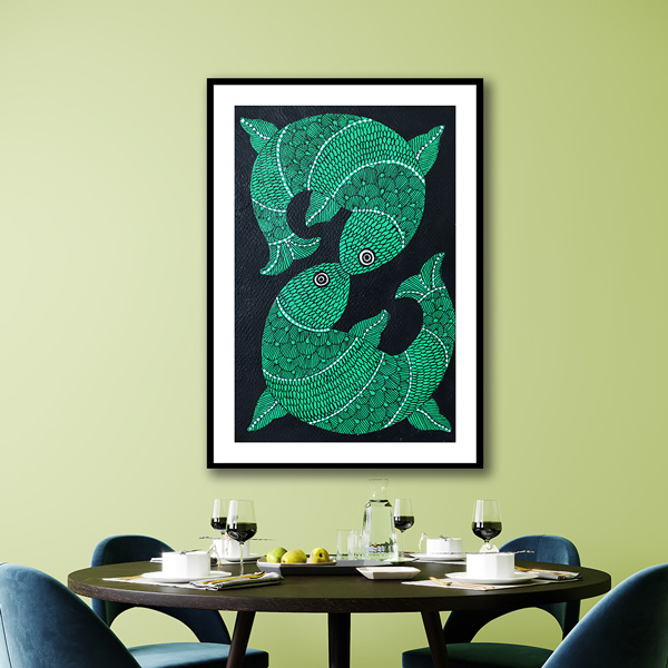 Green Fishes Gond Art Painting For Home Wall Art Decor