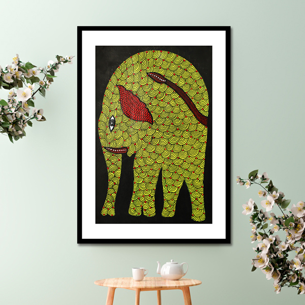 Yellow Elephant Gond Art Painting For Home Wall Art Decor