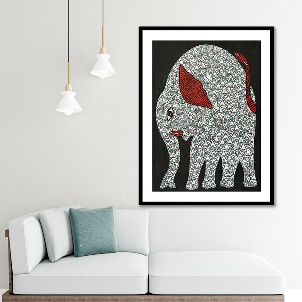 Monochrome Elephant Gond Art Painting For Home Wall Art Decor