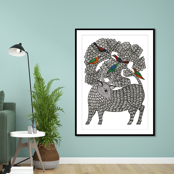 Deer and Tree Gond Art Painting For Home Wall Art Decor 3