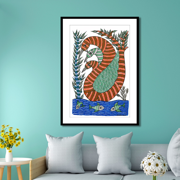 Three Ducks and fishes Gond Art Painting For Home Wall Art Decor