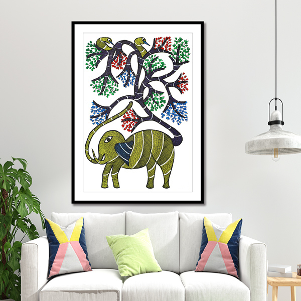 Elephant and Tree Gond Art Painting For Home Wall Art Decor