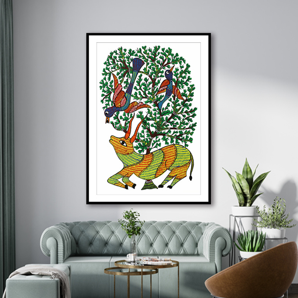 Deer and Tree Gond Art Painting For Home Wall Art Decor