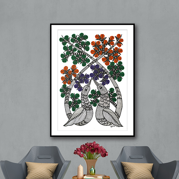 Two Peacocks Gond Art Painting For Home Wall Art Decor