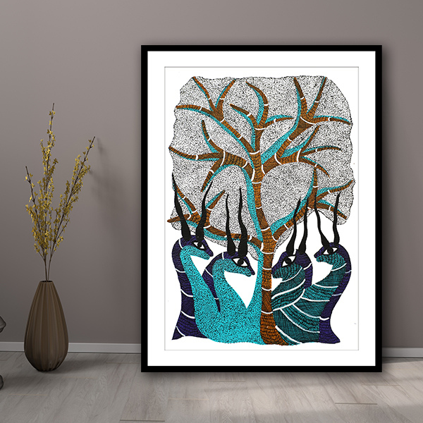 Blue Deers and Tree Gond Art Painting For Home Wall Art Decor