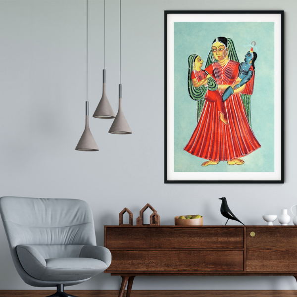 Yashoda Holding Krishna and Radha Kalighat Art Painting For Home Wall Art Decor
