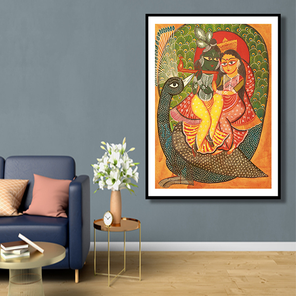 Radha & Krishna on Peacock Kalighat Painting