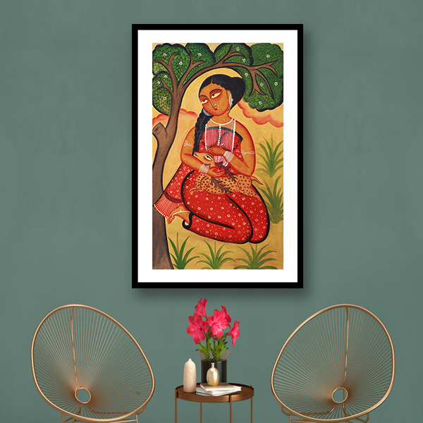 Woman Fostering a Fawn Kalighat Art Painting For Home Wall Art Decor 1